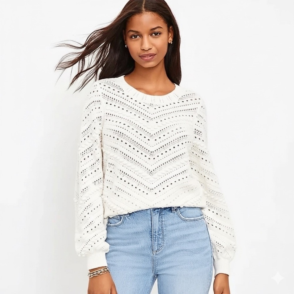 LOFT Bobble Pointelle Sweater Size Small Balloon Sleeve Crew Knit Ribbed Ivory‎